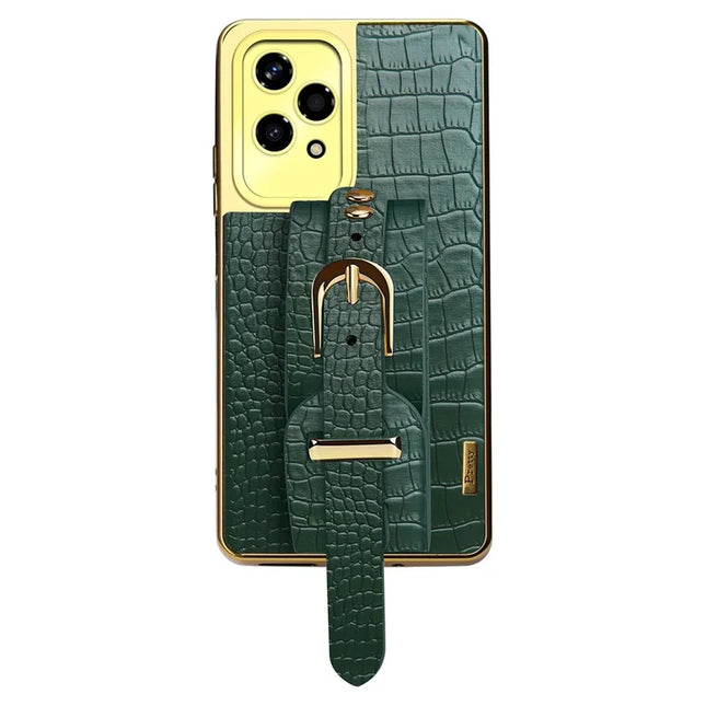 For Honor 200 Lite Case Wristband Kickstand Crocodile Texture Leather+TPU Electroplating Phone Cover - Green