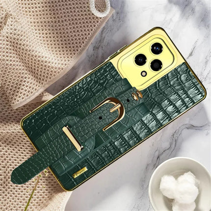 For Honor 200 Lite Case Wristband Kickstand Crocodile Texture Leather+TPU Electroplating Phone Cover