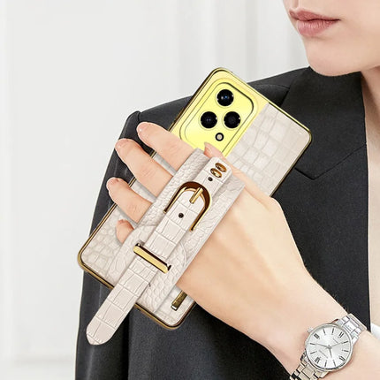 For Honor 200 Lite Case Wristband Kickstand Crocodile Texture Leather+TPU Electroplating Phone Cover