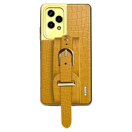 For Honor 200 Lite Case Wristband Kickstand Crocodile Texture Leather+TPU Electroplating Phone Cover - Yellow