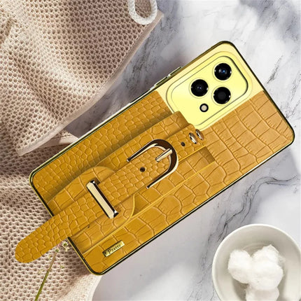 For Honor 200 Lite Case Wristband Kickstand Crocodile Texture Leather+TPU Electroplating Phone Cover