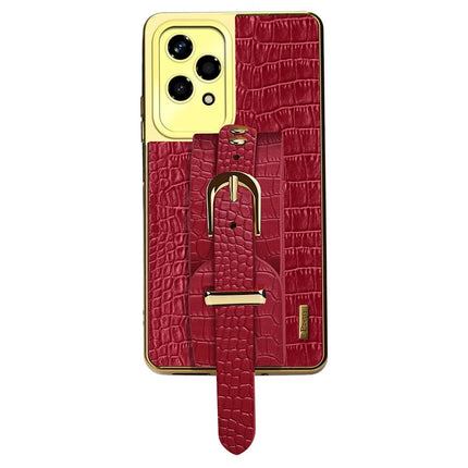 For Honor 200 Lite Case Wristband Kickstand Crocodile Texture Leather+TPU Electroplating Phone Cover - Red