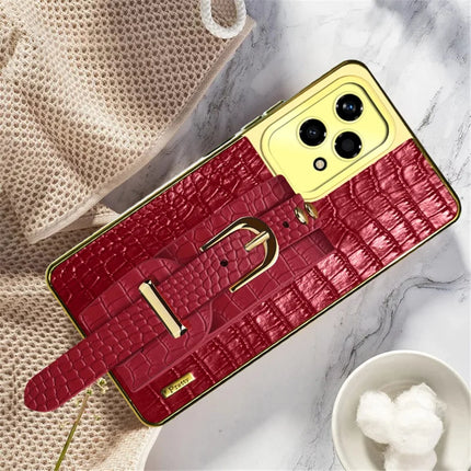 For Honor 200 Lite Case Wristband Kickstand Crocodile Texture Leather+TPU Electroplating Phone Cover