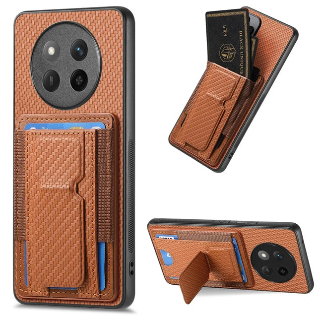 For Honor X60 Pro 5G Case with Card Holder Kickstand Fiber Pattern Leather Back Cover - Brown