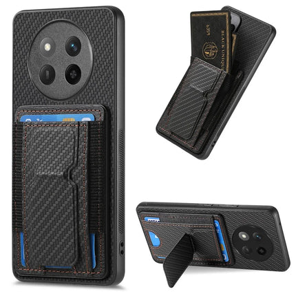 For Honor X60 Pro 5G Case with Card Holder Kickstand Fiber Pattern Leather Back Cover - Black