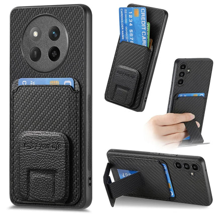 For Honor X60 Pro 5G Case Card Holder Carbon Fiber Texture Leather Coated TPU Phone Cover - Black