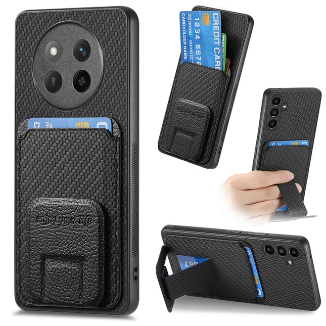 For Honor X60 Pro 5G Case Card Holder Carbon Fiber Texture Leather Coated TPU Phone Cover - Black