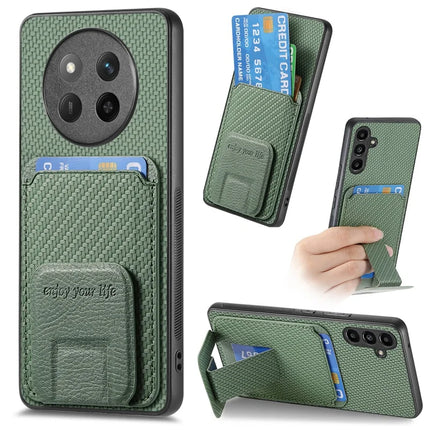 For Honor X60 Pro 5G Case Card Holder Carbon Fiber Texture Leather Coated TPU Phone Cover - Green