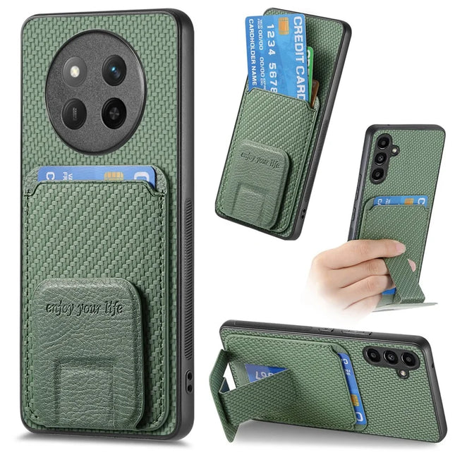 For Honor X60 Pro 5G Case Card Holder Carbon Fiber Texture Leather Coated TPU Phone Cover - Green