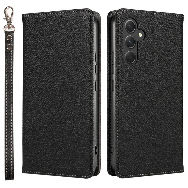 For Samsung Galaxy A36 5G Case Magnetic Litchi Texture Wallet Leather Phone Cover with Wrist Strap - Black