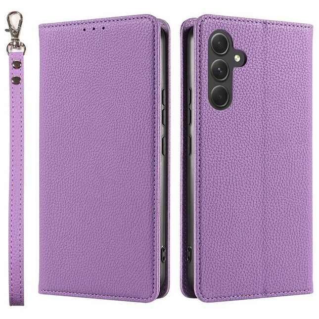 For Samsung Galaxy A36 5G Case Magnetic Litchi Texture Wallet Leather Phone Cover with Wrist Strap - Purple