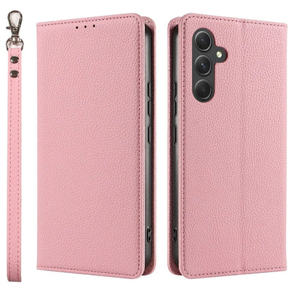 For Samsung Galaxy A36 5G Case Magnetic Litchi Texture Wallet Leather Phone Cover with Wrist Strap - Pink