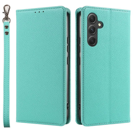 For Samsung Galaxy A36 5G Case Magnetic Litchi Texture Wallet Leather Phone Cover with Wrist Strap - Mint Green