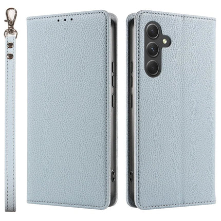 For Samsung Galaxy A36 5G Case Magnetic Litchi Texture Wallet Leather Phone Cover with Wrist Strap - Baby Blue