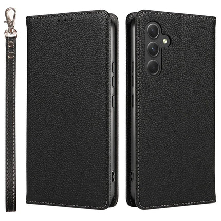 For Samsung Galaxy A56 5G Case Magnetic Litchi Texture Wallet Leather Phone Cover with Wrist Strap - Black