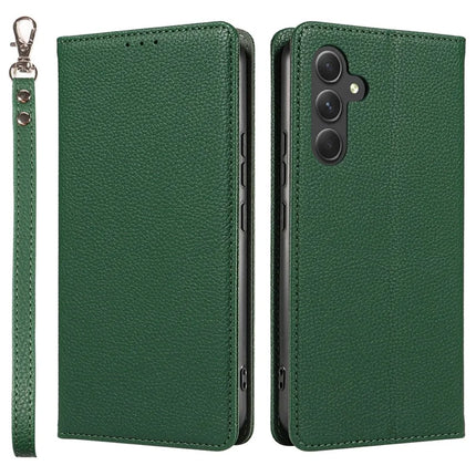 For Samsung Galaxy A56 5G Case Magnetic Litchi Texture Wallet Leather Phone Cover with Wrist Strap - Green