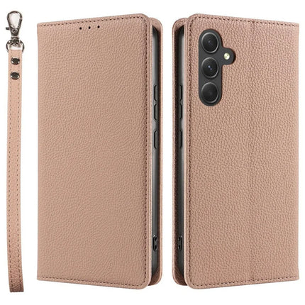 For Samsung Galaxy A56 5G Case Magnetic Litchi Texture Wallet Leather Phone Cover with Wrist Strap - Flesh Color