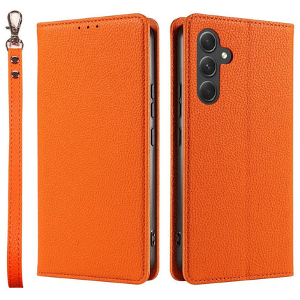 For Samsung Galaxy A56 5G Case Magnetic Litchi Texture Wallet Leather Phone Cover with Wrist Strap - Orange