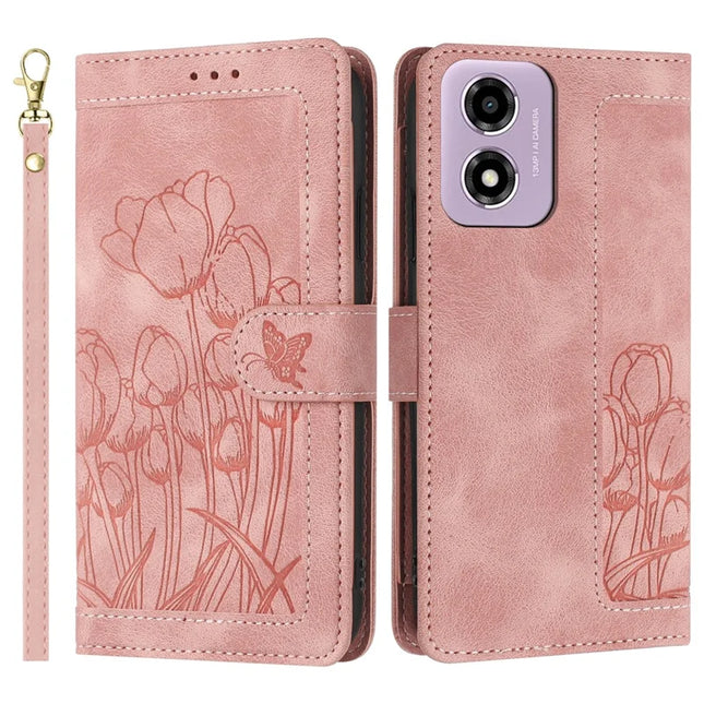For Motorola Moto E14 4G Tulip Leather Case Phone Cover with 5 Card Slots Wallet - Pink