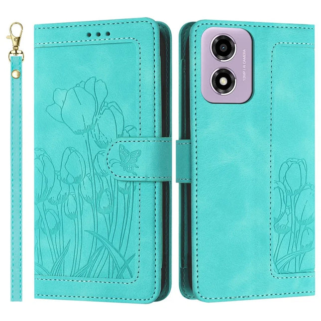 For Motorola Moto E14 4G Tulip Leather Case Phone Cover with 5 Card Slots Wallet - Green