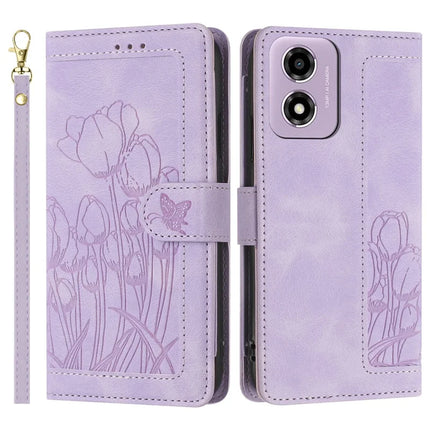 For Motorola Moto E14 4G Tulip Leather Case Phone Cover with 5 Card Slots Wallet - Purple