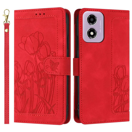 For Motorola Moto E14 4G Tulip Leather Case Phone Cover with 5 Card Slots Wallet - Red