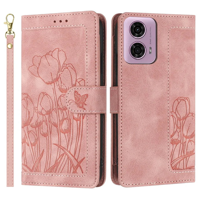 For Motorola Edge (2024) 5G Tulip Leather Case Phone Cover with 5 Card Slots Wallet - Pink