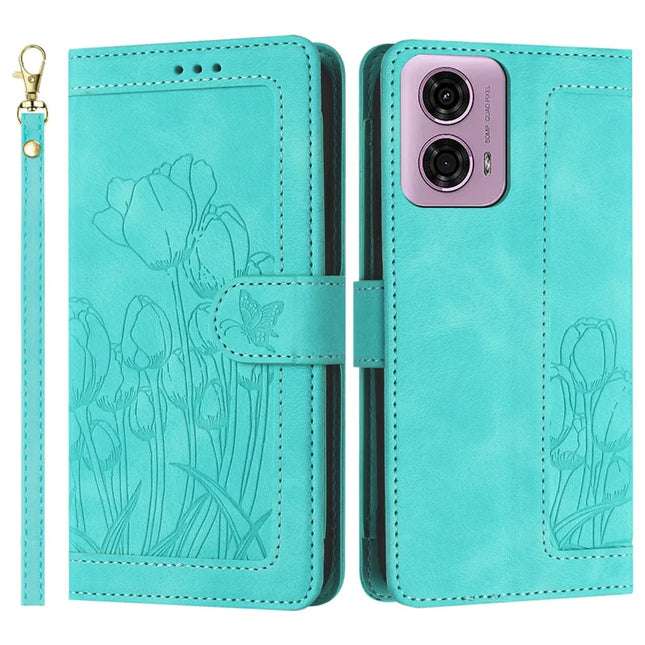 For Motorola Edge (2024) 5G Tulip Leather Case Phone Cover with 5 Card Slots Wallet - Green
