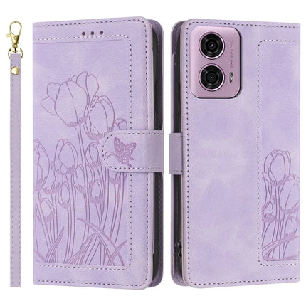 For Motorola Edge (2024) 5G Tulip Leather Case Phone Cover with 5 Card Slots Wallet - Purple
