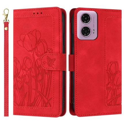 For Motorola Edge (2024) 5G Tulip Leather Case Phone Cover with 5 Card Slots Wallet - Red