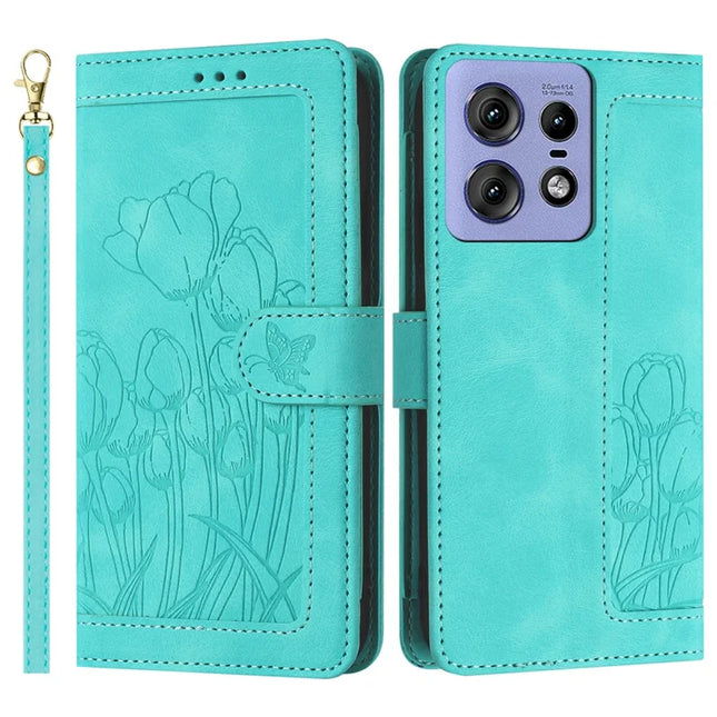 For Motorola Edge 50 Pro 5G Tulip Leather Case Phone Cover with 5 Card Slots Wallet - Green