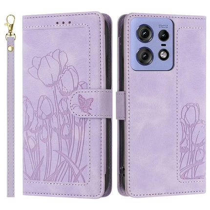For Motorola Edge 50 Pro 5G Tulip Leather Case Phone Cover with 5 Card Slots Wallet - Purple