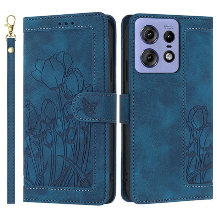 For Motorola Edge 50 5G Tulip Leather Case Phone Cover with 5 Card Slots Wallet - Blue