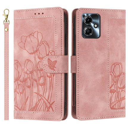 For Motorola Moto G54 5G Tulip Leather Case Phone Cover with 5 Card Slots Wallet - Pink
