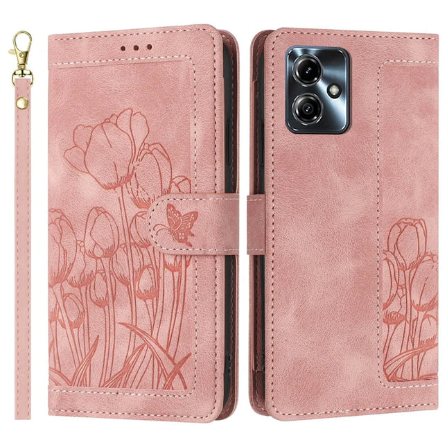 For Motorola Moto G54 5G Tulip Leather Case Phone Cover with 5 Card Slots Wallet - Pink