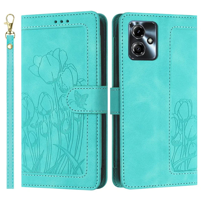 For Motorola Moto G54 5G Tulip Leather Case Phone Cover with 5 Card Slots Wallet - Green