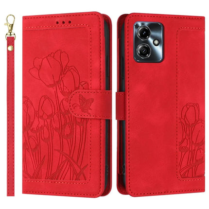 For Motorola Moto G54 5G Tulip Leather Case Phone Cover with 5 Card Slots Wallet - Red