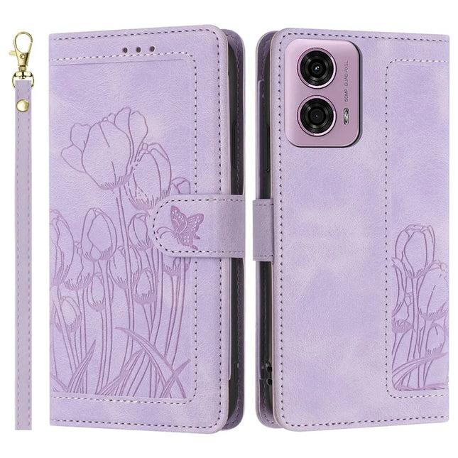 For Motorola Moto G24 4G / G04 4G Tulip Leather Case Phone Cover with 5 Card Slots Wallet -  Purple
