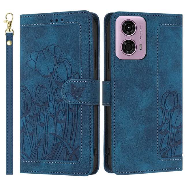 For Motorola Moto G24 4G / G04 4G Tulip Leather Case Phone Cover with 5 Card Slots Wallet -  Blue