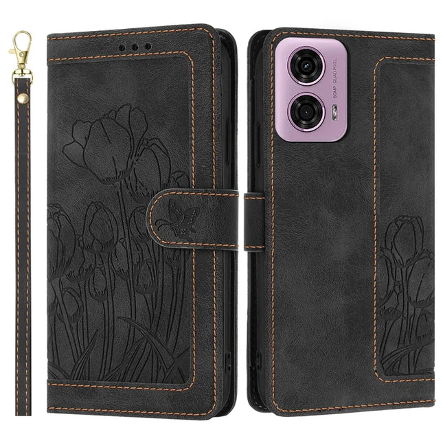 For Motorola Moto G24 4G / G04 4G Tulip Leather Case Phone Cover with 5 Card Slots Wallet -  Black