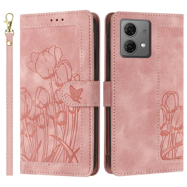 For Motorola Moto G84 5G Tulip Leather Case Phone Cover with 5 Card Slots Wallet - Pink
