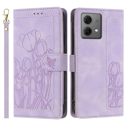 For Motorola Moto G84 5G Tulip Leather Case Phone Cover with 5 Card Slots Wallet - Purple