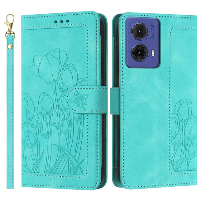 For Motorola Moto G85 5G / S50 Neo 5G Tulip Leather Case Phone Cover with 5 Card Slots Wallet - Green