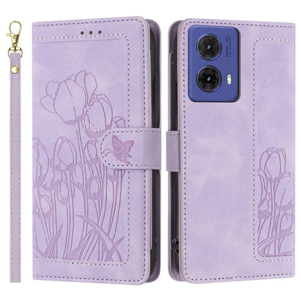For Motorola Moto G85 5G / S50 Neo 5G Tulip Leather Case Phone Cover with 5 Card Slots Wallet - Purple