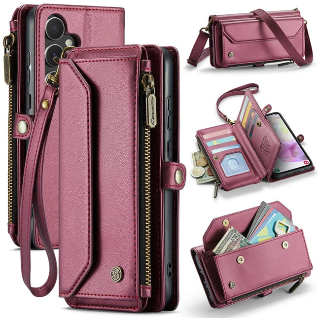 For Samsung Galaxy A36 5G Case CASEME C36 Series  Zipper Wallet Leather Phone Cover with Straps - Red