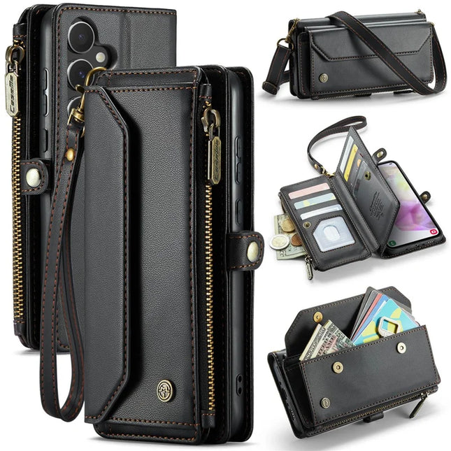 For Samsung Galaxy A36 5G Case CASEME C36 Series  Zipper Wallet Leather Phone Cover with Straps - Black