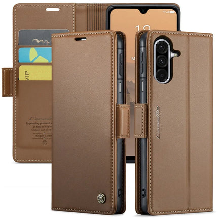 For Samsung Galaxy A26 5G Case CASEME 023 Series RFID Blocking Glossy Stand Phone Cover - Brown