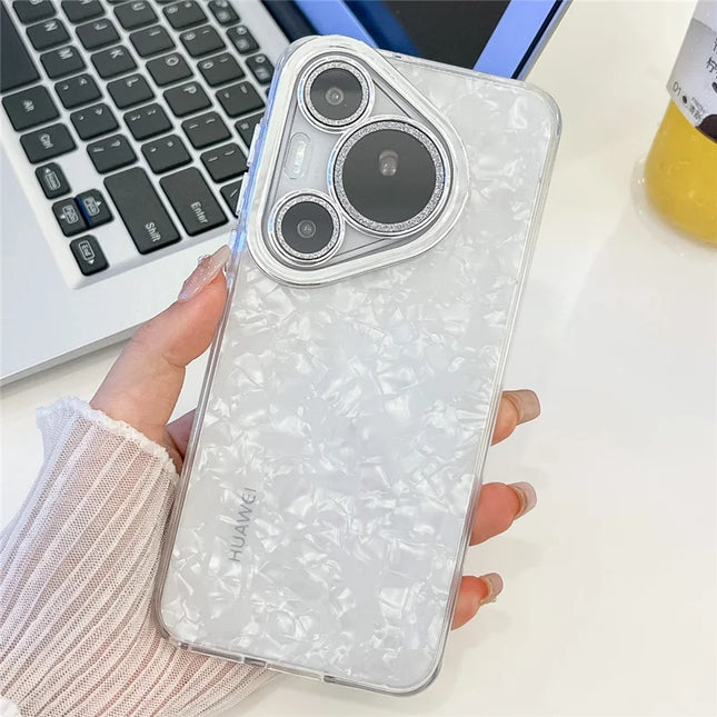 For Huawei Pura 70 Case IMD Design Shockproof Hybrid Phone Cover with Glass Lens Film - Shell Pattern  /  White