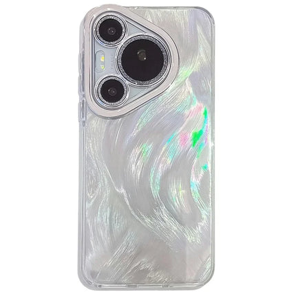 For Huawei Pura 70 Case IMD Design Shockproof Hybrid Phone Cover with Glass Lens Film - Feather Yarn Pattern  /  Silver