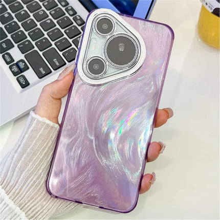 For Huawei Pura 70 Case IMD Design Shockproof Hybrid Phone Cover with Glass Lens Film - Feather Yarn Pattern  /  Purple